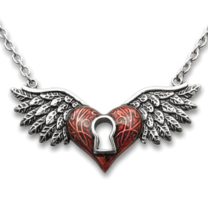 Red Winged Heart Necklace With Keyhole