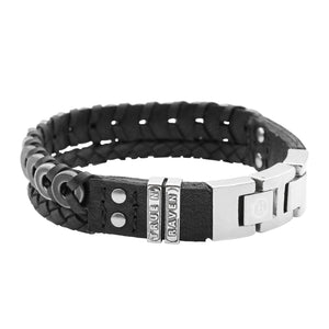 Leather Bracelet Black Braided Leather & Faded Black Steel Bracelet