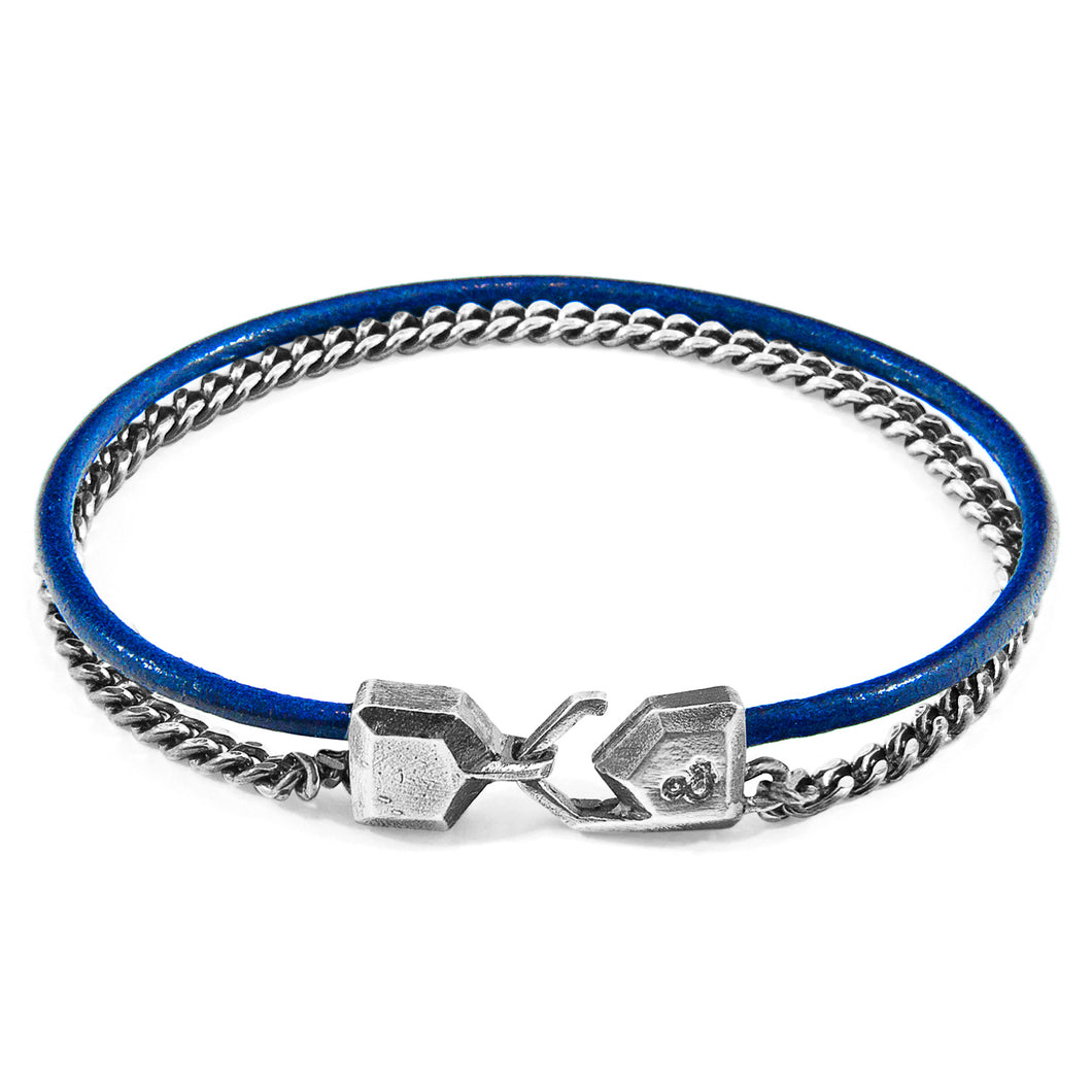 Azure Blue Crossjack Mast Silver and Round Leather Bracelet